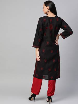Hand Embroidered Black & Red Cotton Lucknow Chikankari Women Kurta 2