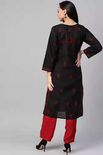 Hand Embroidered Black & Red Cotton Lucknow Chikankari Women Kurta
