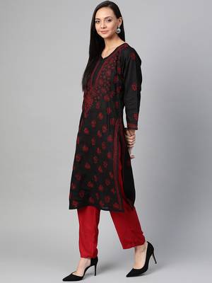 Hand Embroidered Black & Red Cotton Lucknow Chikankari Women Kurta 3