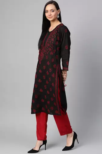 Hand Embroidered Black & Red Cotton Lucknow Chikankari Women Kurta