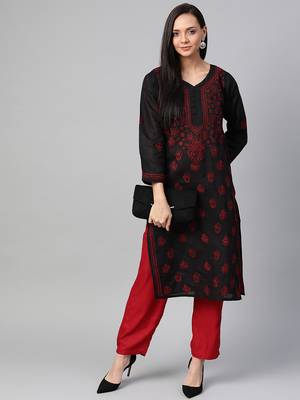 Hand Embroidered Black & Red Cotton Lucknow Chikankari Women Kurta 4