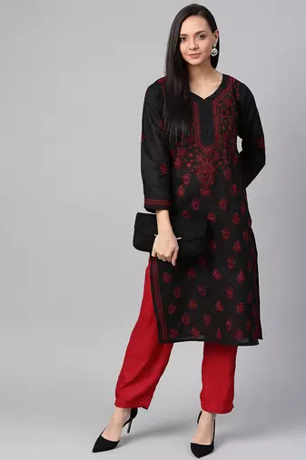 Hand Embroidered Black & Red Cotton Lucknow Chikankari Women Kurta