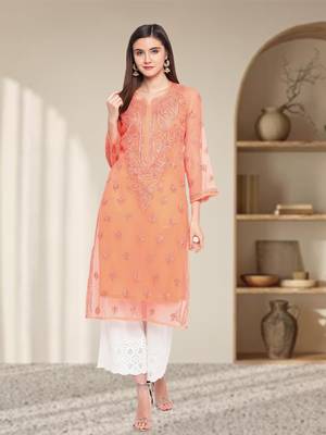 Ada Hand Embroidered Peach Faux Georgette Lucknowi Chikankari Women Kurta With Slip - A100280 1