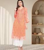 Ada Hand Embroidered Peach Faux Georgette Lucknowi Chikankari Women Kurta With Slip - A100280