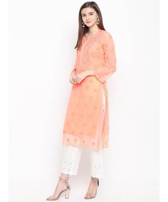 Ada Hand Embroidered Peach Faux Georgette Lucknowi Chikankari Women Kurta With Slip - A100280 2