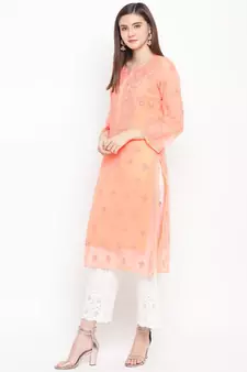 Ada Hand Embroidered Peach Faux Georgette Lucknowi Chikankari Women Kurta With Slip - A100280