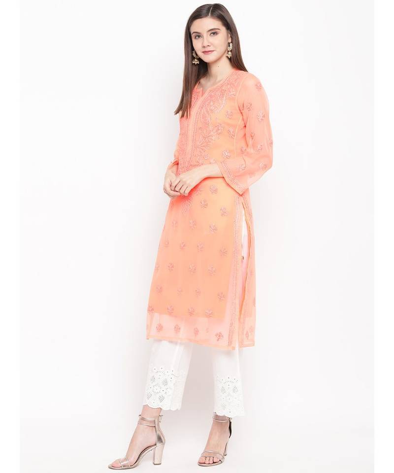 Ada Hand Embroidered Peach Faux Georgette Lucknowi Chikankari Women Kurta With Slip - A100280