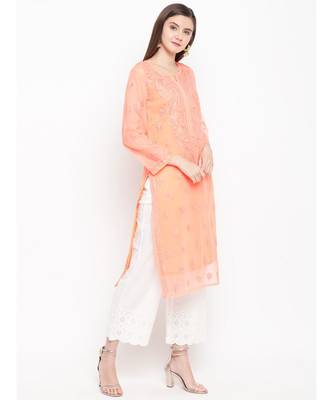 Ada Hand Embroidered Peach Faux Georgette Lucknowi Chikankari Women Kurta With Slip - A100280 3