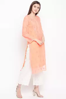 Ada Hand Embroidered Peach Faux Georgette Lucknowi Chikankari Women Kurta With Slip - A100280