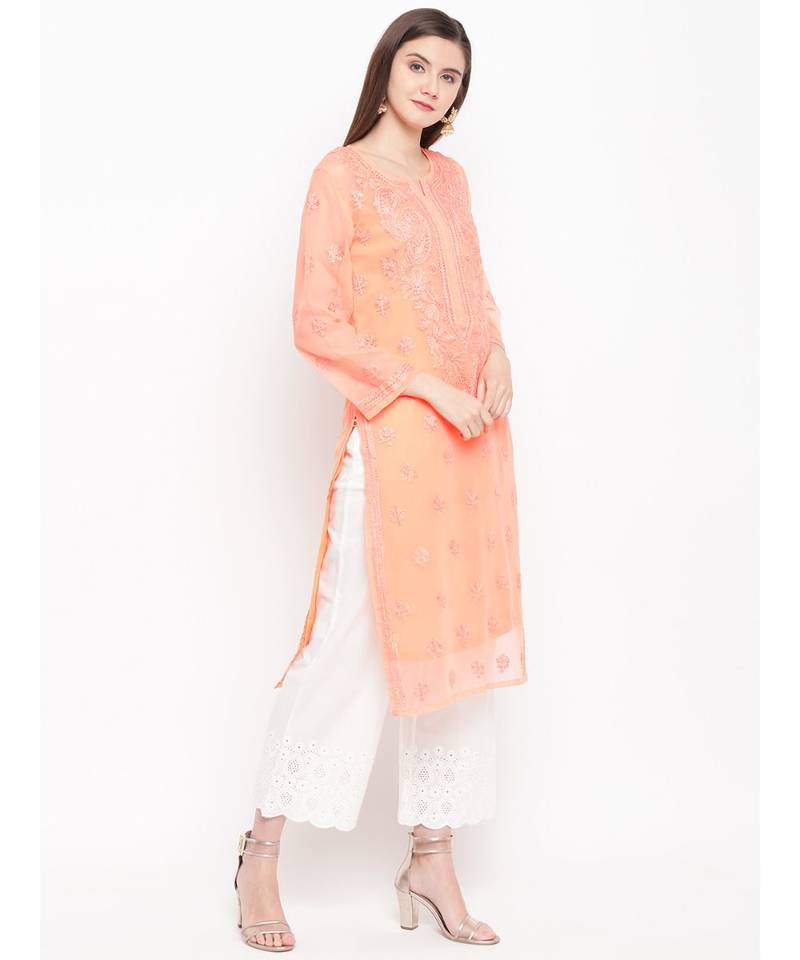 Ada Hand Embroidered Peach Faux Georgette Lucknowi Chikankari Women Kurta With Slip - A100280