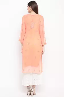 Ada Hand Embroidered Peach Faux Georgette Lucknowi Chikankari Women Kurta With Slip - A100280