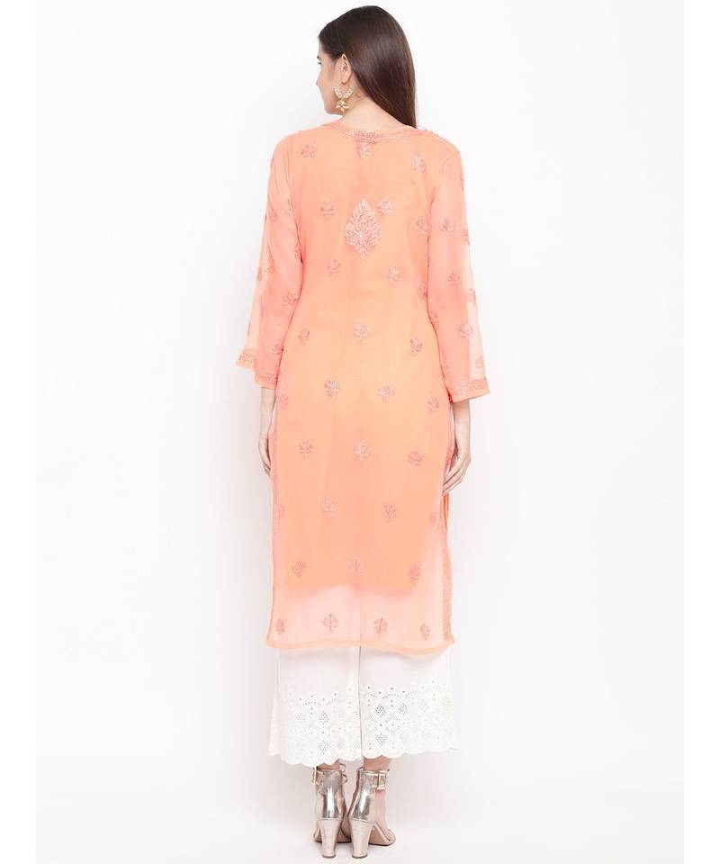 Ada Hand Embroidered Peach Faux Georgette Lucknowi Chikankari Women Kurta With Slip - A100280