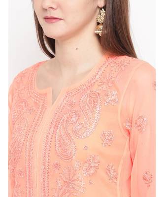 Ada Hand Embroidered Peach Faux Georgette Lucknowi Chikankari Women Kurta With Slip - A100280 5