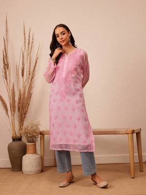Hand Embroidered Pink Faux Georgette Lucknowi Chikankari Women Kurta With Slip 1