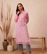 Hand Embroidered Pink Faux Georgette Lucknowi Chikankari Women Kurta With Slip