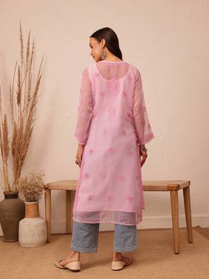 Hand Embroidered Pink Faux Georgette Lucknowi Chikankari Women Kurta With Slip 2