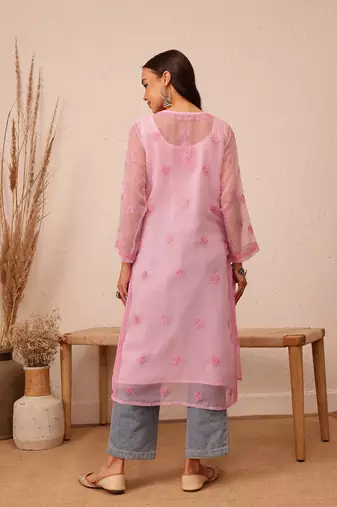 Hand Embroidered Pink Faux Georgette Lucknowi Chikankari Women Kurta With Slip