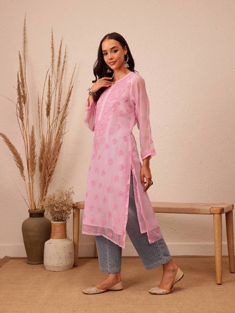 Hand Embroidered Pink Faux Georgette Lucknowi Chikankari Women Kurta With Slip