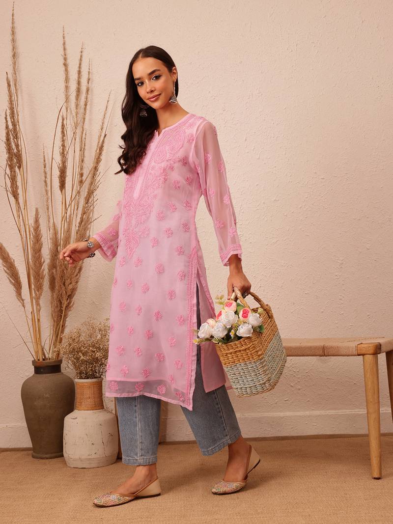 Hand Embroidered Pink Faux Georgette Lucknowi Chikankari Women Kurta With Slip
