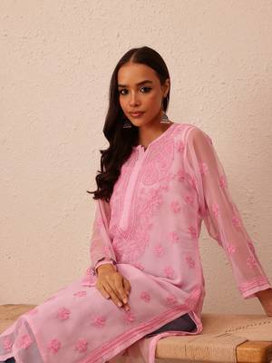 Hand Embroidered Pink Faux Georgette Lucknowi Chikankari Women Kurta With Slip 5