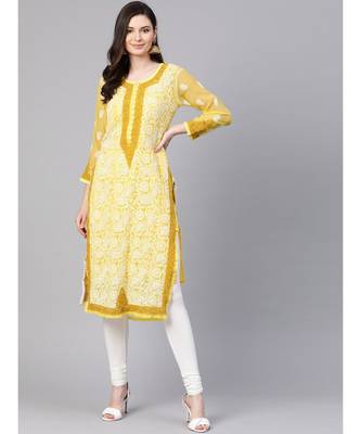Ada Hand Embroidered Yellow Faux Georgette Lucknow Chikankari Women Kurti with Slip For Women - A100377 1