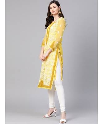 Ada Hand Embroidered Yellow Faux Georgette Lucknow Chikankari Women Kurti with Slip For Women - A100377 2
