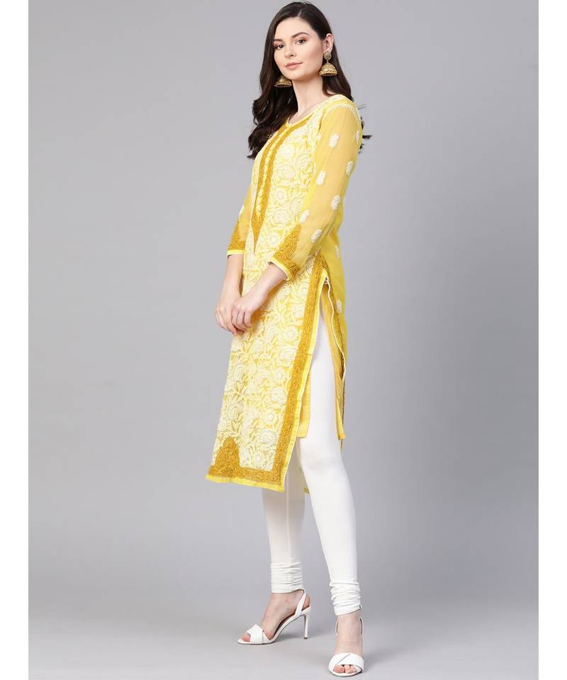 Ada Hand Embroidered Yellow Faux Georgette Lucknow Chikankari Women Kurti with Slip For Women - A100377