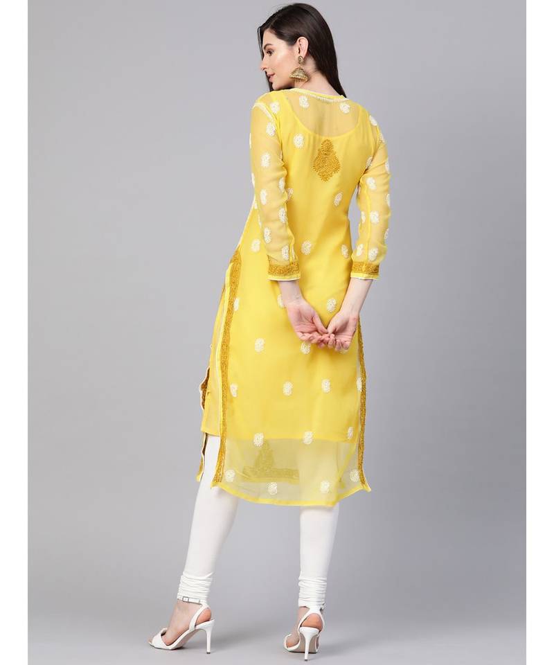 Ada Hand Embroidered Yellow Faux Georgette Lucknow Chikankari Women Kurti with Slip For Women - A100377