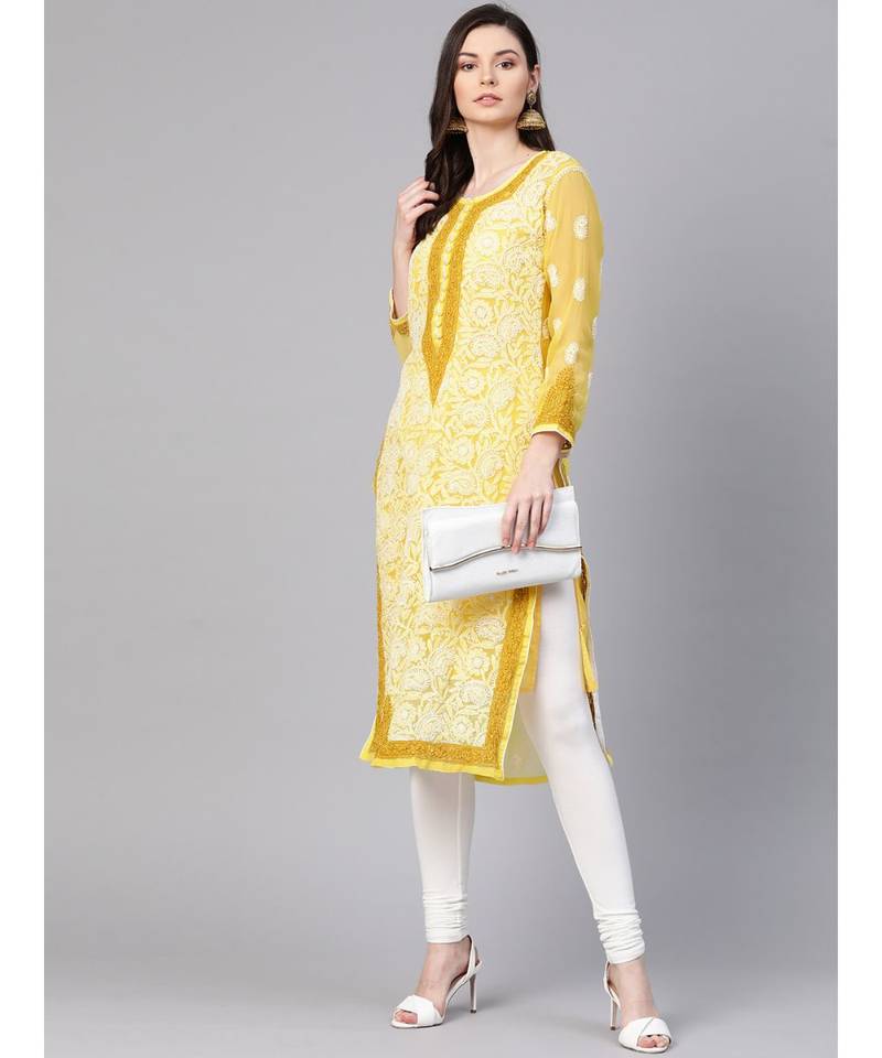 Ada Hand Embroidered Yellow Faux Georgette Lucknow Chikankari Women Kurti with Slip For Women - A100377
