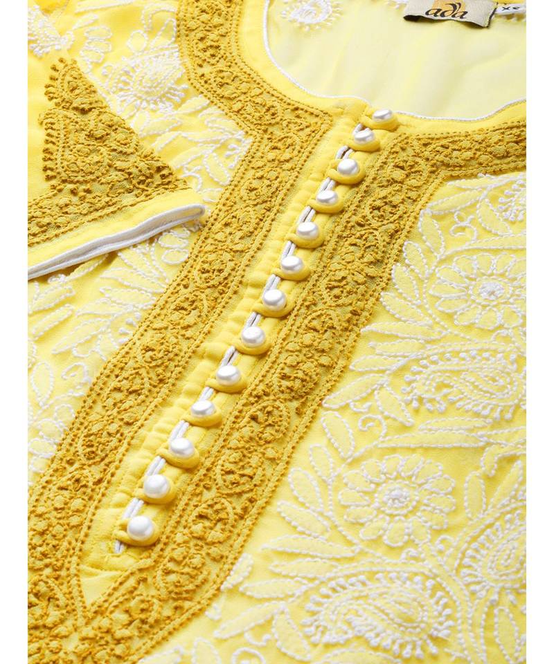 Ada Hand Embroidered Yellow Faux Georgette Lucknow Chikankari Women Kurti with Slip For Women - A100377