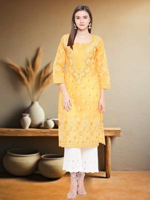 Hand Embroidered Mustard Cotton Lucknow Chikankari Women Kurta 1