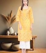 Hand Embroidered Mustard Cotton Lucknow Chikankari Women Kurta
