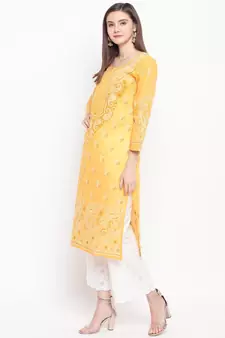 Hand Embroidered Mustard Cotton Lucknow Chikankari Women Kurta