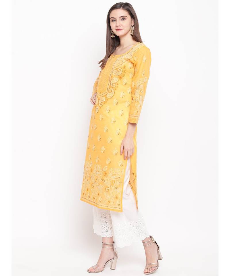 Hand Embroidered Mustard Cotton Lucknow Chikankari Women Kurta