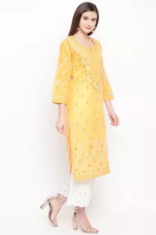 Hand Embroidered Mustard Cotton Lucknow Chikankari Women Kurta