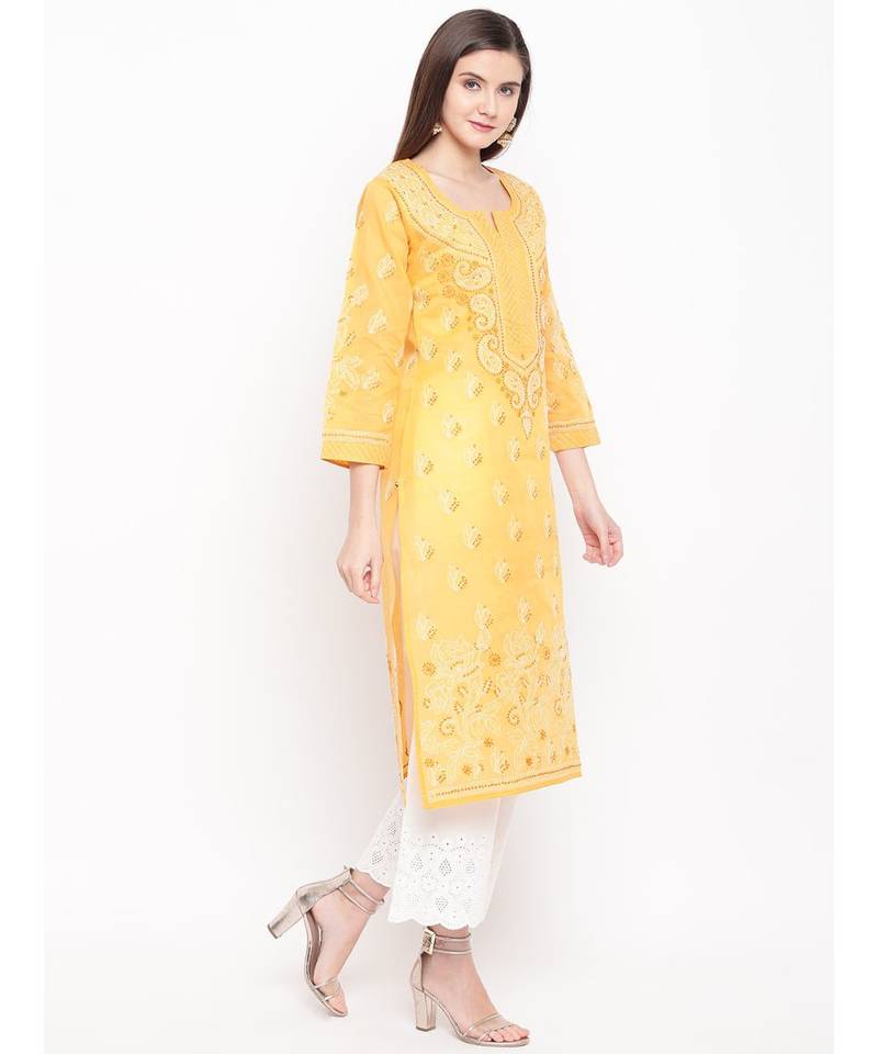 Hand Embroidered Mustard Cotton Lucknow Chikankari Women Kurta