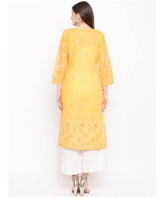 Hand Embroidered Mustard Cotton Lucknow Chikankari Women Kurta 4