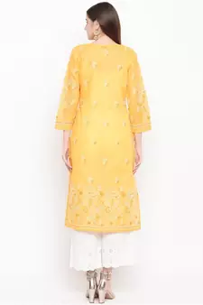Hand Embroidered Mustard Cotton Lucknow Chikankari Women Kurta