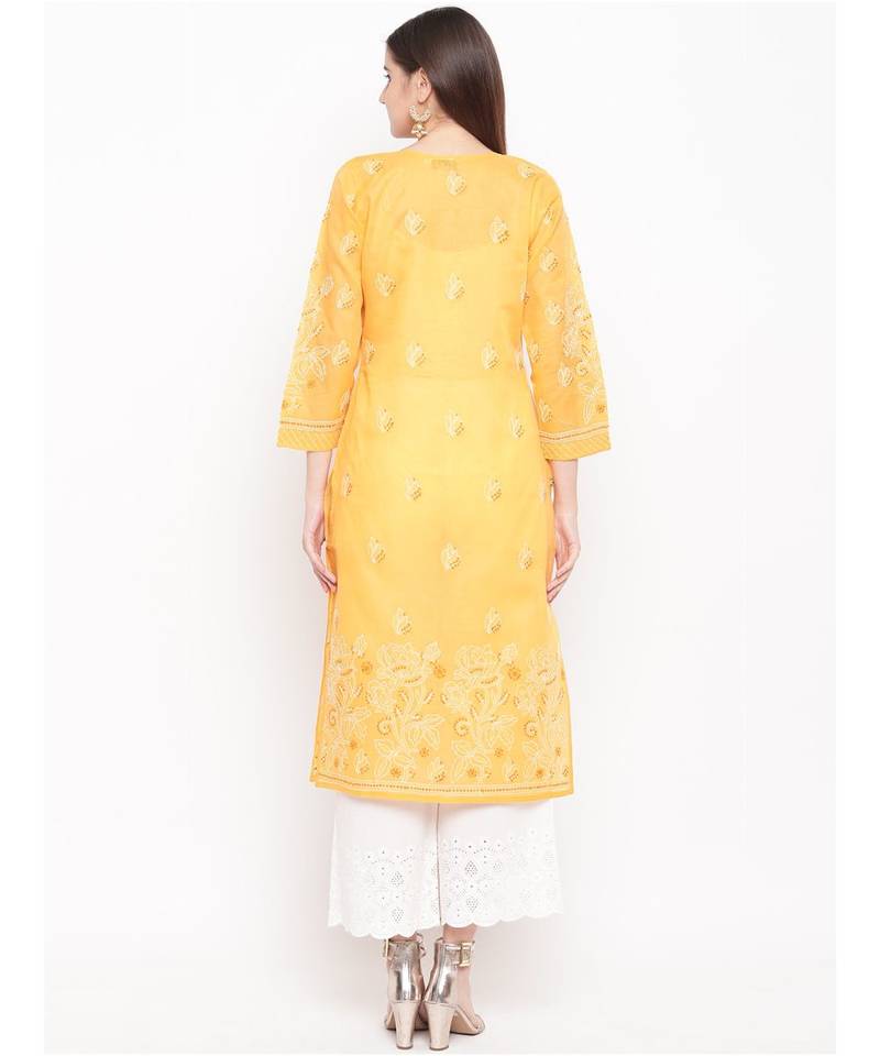 Hand Embroidered Mustard Cotton Lucknow Chikankari Women Kurta
