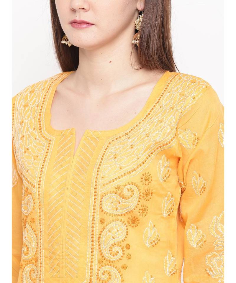 Hand Embroidered Mustard Cotton Lucknow Chikankari Women Kurta