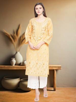 Hand Embroidered Fawn Cotton Lucknow Chikan Women Kurta 1