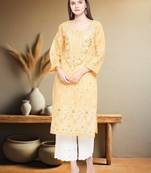 Hand Embroidered Fawn Cotton Lucknow Chikan Women Kurta