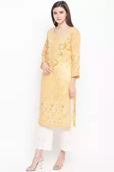 Hand Embroidered Fawn Cotton Lucknow Chikan Women Kurta