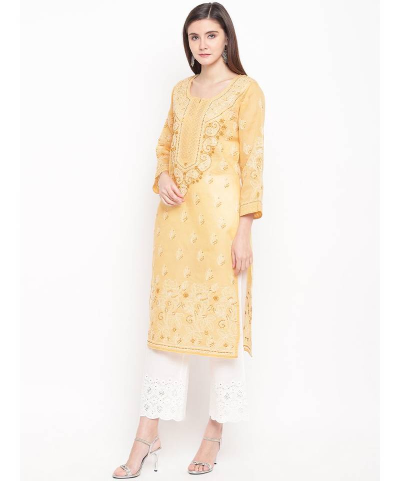 Hand Embroidered Fawn Cotton Lucknow Chikan Women Kurta