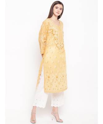 Hand Embroidered Fawn Cotton Lucknow Chikan Women Kurta 3