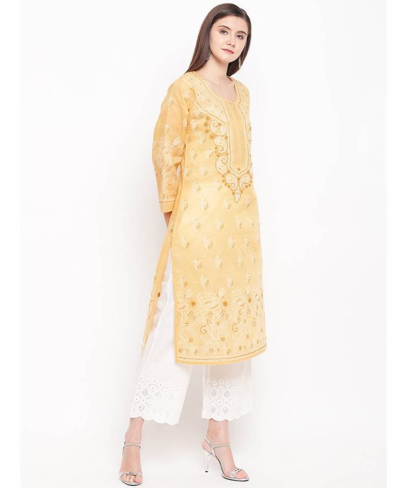 Hand Embroidered Fawn Cotton Lucknow Chikan Women Kurta