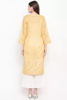 Hand Embroidered Fawn Cotton Lucknow Chikan Women Kurta