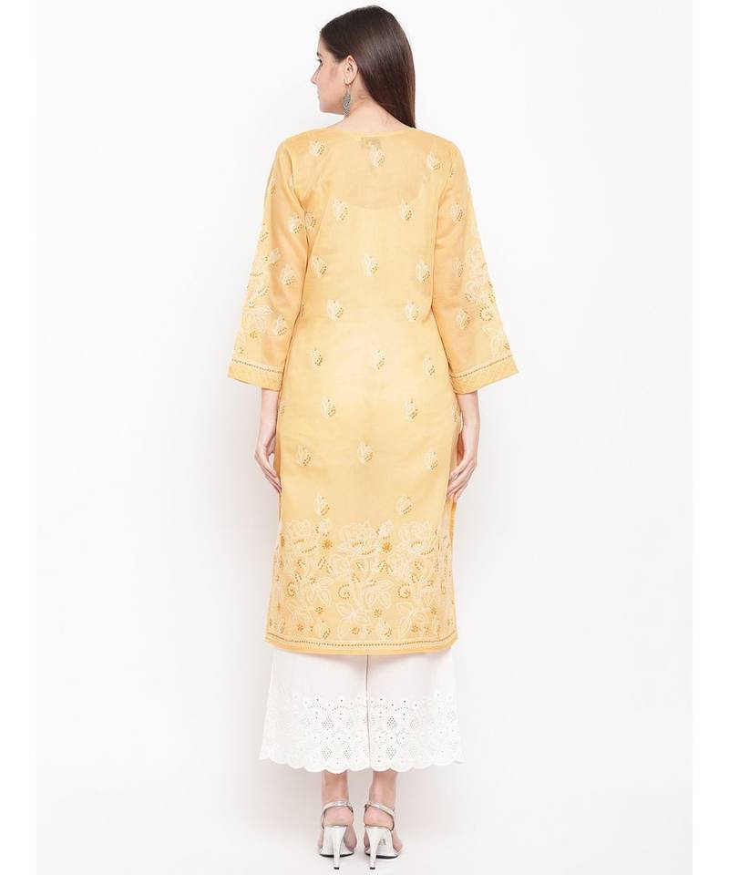 Hand Embroidered Fawn Cotton Lucknow Chikan Women Kurta