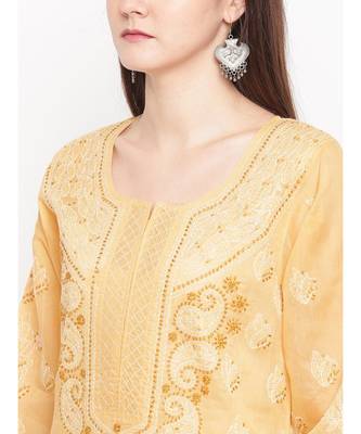 Hand Embroidered Fawn Cotton Lucknow Chikan Women Kurta 5