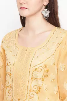 Hand Embroidered Fawn Cotton Lucknow Chikan Women Kurta